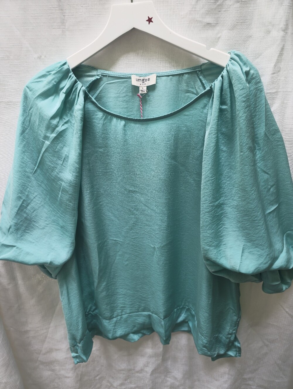 Umgee USA Teal Satin Half Balloon Sleeve Boho Blouse Large NWT